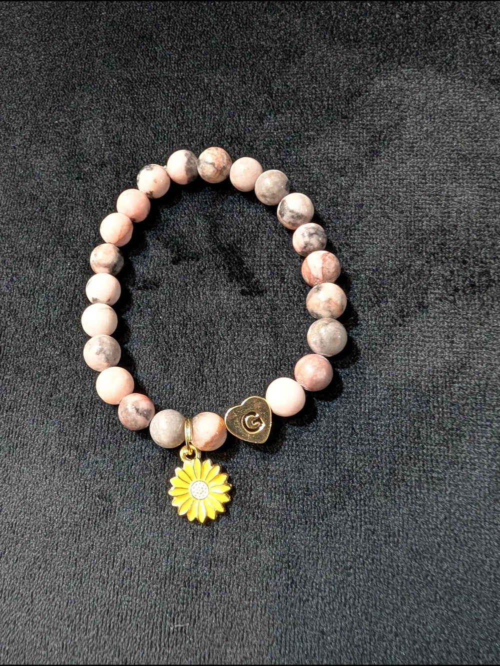 Gold-Accent Pink Stone Bead Bracelet with Sunflower Charm